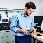 A professional adult male electrical engineer in his late 20s to early 30s, wearing a crisp, modest button-down shirt and professional trousers, intently focused on a complex circuit board in a well-equipped, brightly lit electrical engineering lab. He is holding a multimeter, with various wires, components, and schematics visible on a clean workbench. The background features modern lab equipment and neatly organized tools. The image emphasizes precision and deep understanding. perfect anatomy, correct proportions, natural pose, well-formed hands, proper finger count, natural body proportions, safe for work, appropriate content, fully clothed, professional, modest, high quality professional photography, ultra-detailed.