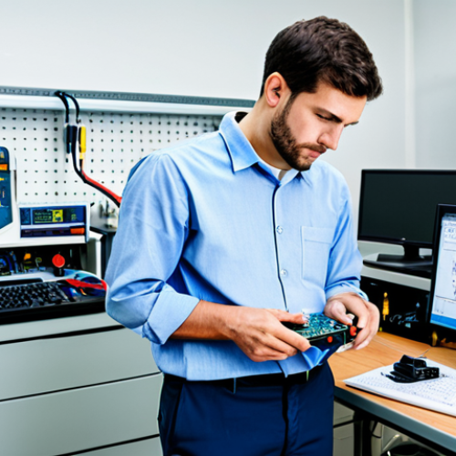Home 14 A professional adult male electrical engineer in his late 20s to early 30s, wearing a crisp, modest button-down shirt and professional trousers, intently focused on a complex circuit board in a well-equipped, brightly lit electrical engineering lab. He is holding a multimeter, with various wires, components, and schematics visible on a clean workbench. The background features modern lab equipment and neatly organized tools. The image emphasizes precision and deep understanding. perfect anatomy, correct proportions, natural pose, well-formed hands, proper finger count, natural body proportions, safe for work, appropriate content, fully clothed, professional, modest, high quality professional photography, ultra-detailed.