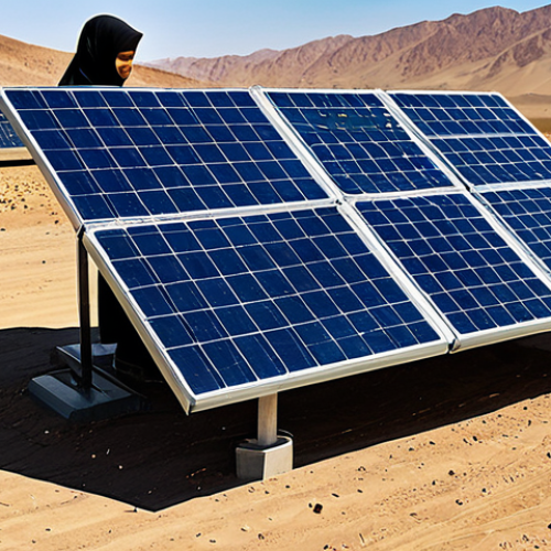 Home 7 **
"A fully clothed female engineer in a professional setting, wearing modest Islamic attire, working on a solar panel installation in a rural desert environment, safe for work, appropriate content, perfect anatomy, natural proportions, family-friendly, clear details, high resolution, professional photography."
**