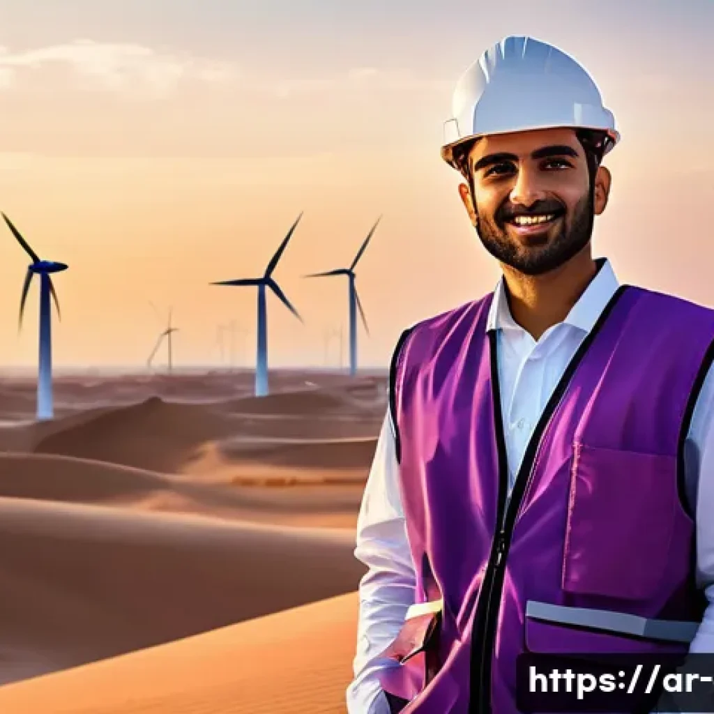 전기공사기사와 풍력 발전 시스템 - **Prompt:** A confident and visionary young Arab electrical engineer, male, standing proudly on a sw...