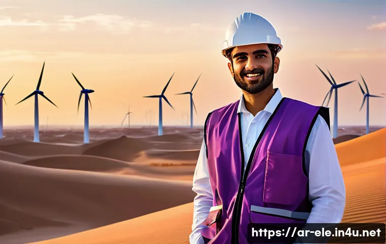 전기공사기사와 풍력 발전 시스템 - **Prompt:** A confident and visionary young Arab electrical engineer, male, standing proudly on a sw...