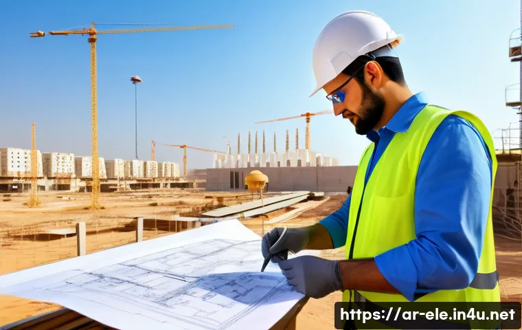 전기기사와 전기공사기사의 상호 보완적 역할 - A detailed scene of an Arab electrical engineer and an electrician collaborating on a large-scale el...