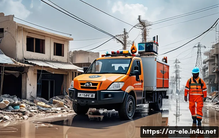 전기공사기사와 전기 재난 복구 사례 - A detailed scene of an emergency electrical repair team in a Middle Eastern city after a natural dis...