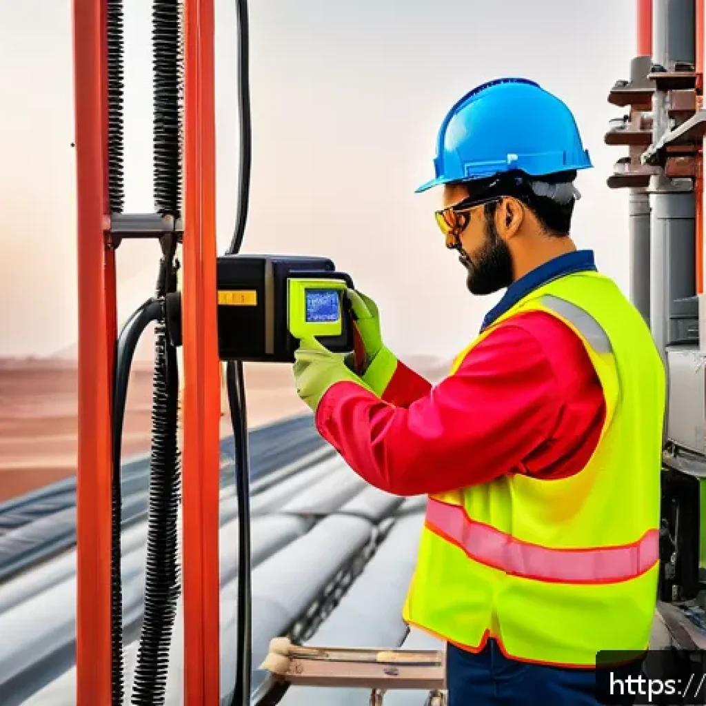 전기공사기사와 전기 장비 유지 관리 - A detailed scene of an Arabic-speaking electrical technician using a handheld thermal imaging camera...