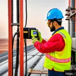 전기공사기사와 전기 장비 유지 관리 - A detailed scene of an Arabic-speaking electrical technician using a handheld thermal imaging camera...