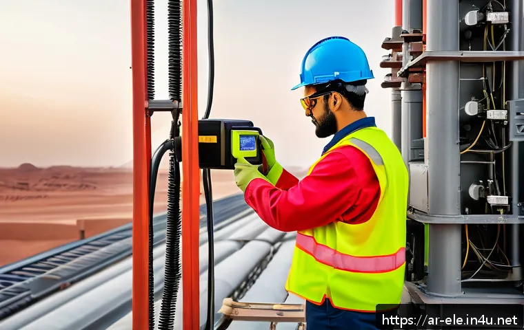 전기공사기사와 전기 장비 유지 관리 - A detailed scene of an Arabic-speaking electrical technician using a handheld thermal imaging camera...