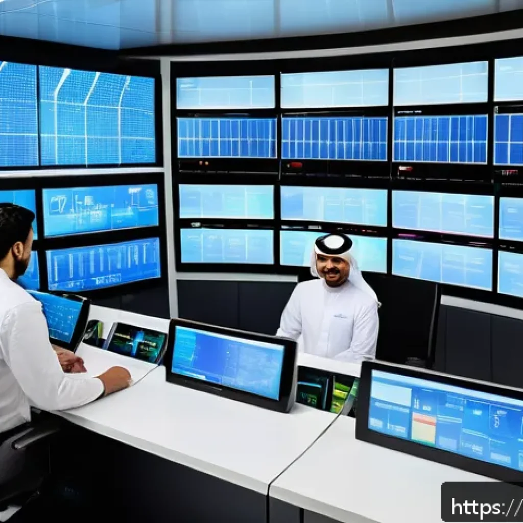 전기공사기사와 배전 설계 최적화 - A futuristic smart grid control room staffed by a diverse team of Arab engineers wearing professiona...