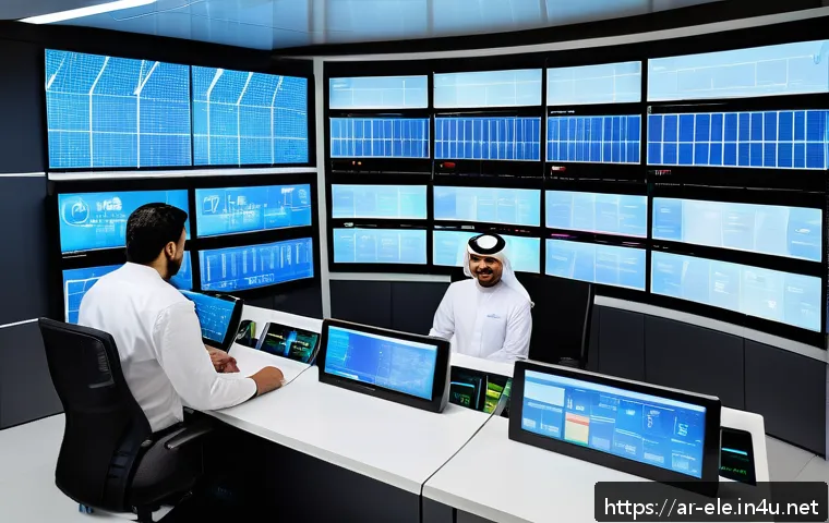 전기공사기사와 배전 설계 최적화 - A futuristic smart grid control room staffed by a diverse team of Arab engineers wearing professiona...