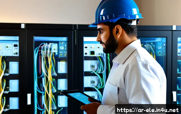 전기기사와 스마트 네트워크 설계 - Photorealistic modern electrical engineer in modest professional workwear and safety helmet, inspect...